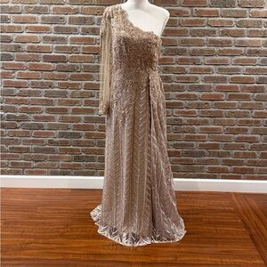 Mac Duggal One-Shoulder Metallic Taupe Evening Gown